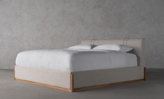 Lagom Wood Bed 200x200 cm with Storage (Fabric: PIXEL col. Marble Chips (Cat. 3))