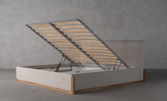 Lagom Wood Bed 200x200 cm with Storage (Fabric: PIXEL col. Marble Chips (Cat. 3))