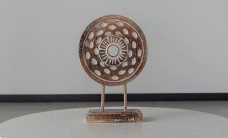 Decorationrative Wooden Disc On Stand With Flower And Dot Motif
