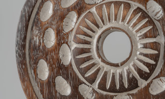 Decorationrative Wooden Disc On Stand With Flower And Dot Motif
