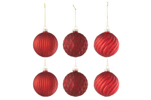 Box Of 6 Christmas Bauble 2+2+2 Ribbed/ Rhombus Glass Red Small