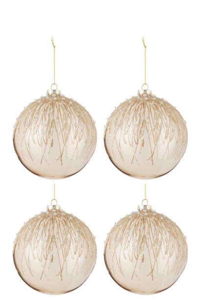 Christmas Baubles Pearls Glitter Gold Large Box Of 4