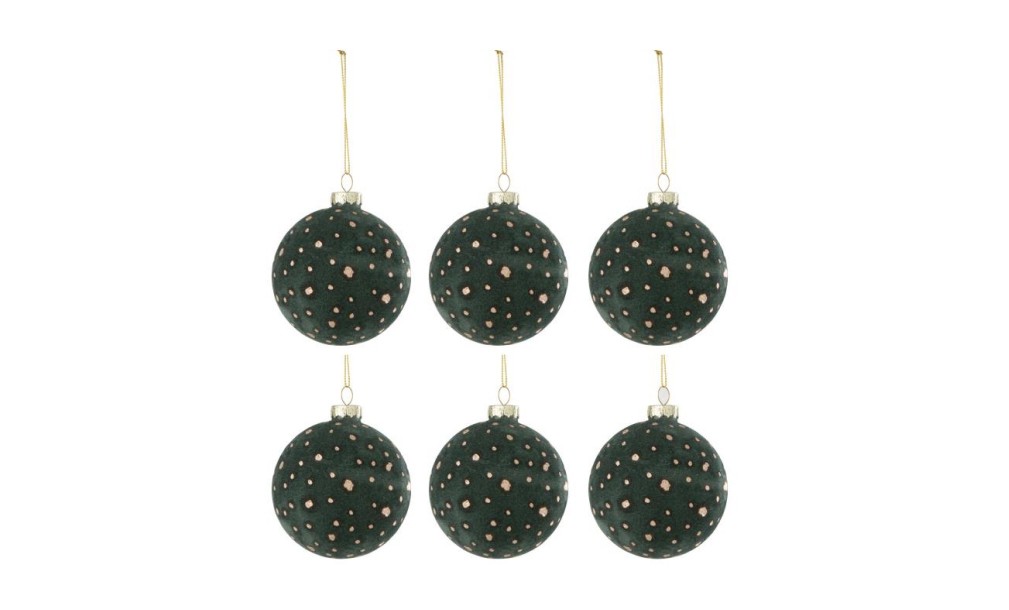 Christmas Baubles Dots Velvet Green/Gold Box Of 6