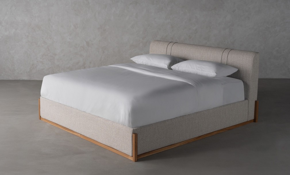 Lagom Wood Bed 200x200 cm with Storage (Fabric: PIXEL col. Marble Chips (Cat. 3))