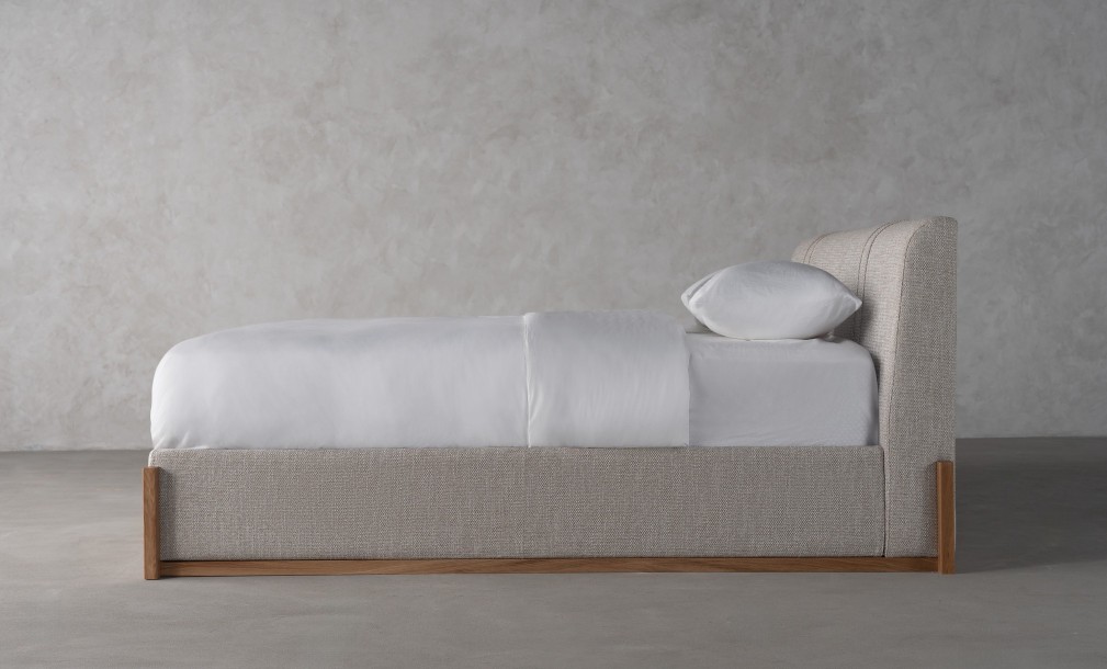 Lagom Wood Bed 200x200 cm with Storage (Fabric: PIXEL col. Marble Chips (Cat. 3))