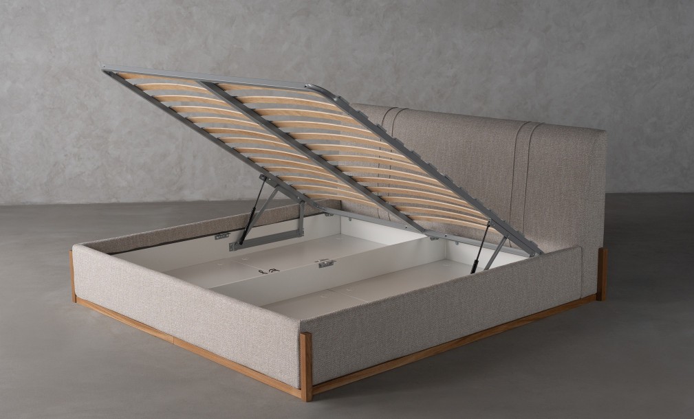 Lagom Wood Bed 200x200 cm with Storage (Fabric: PIXEL col. Marble Chips (Cat. 3))