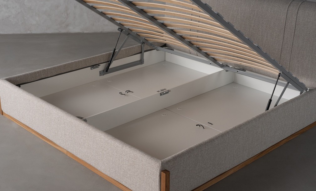 Lagom Wood Bed 200x200 cm with Storage (Fabric: PIXEL col. Marble Chips (Cat. 3))