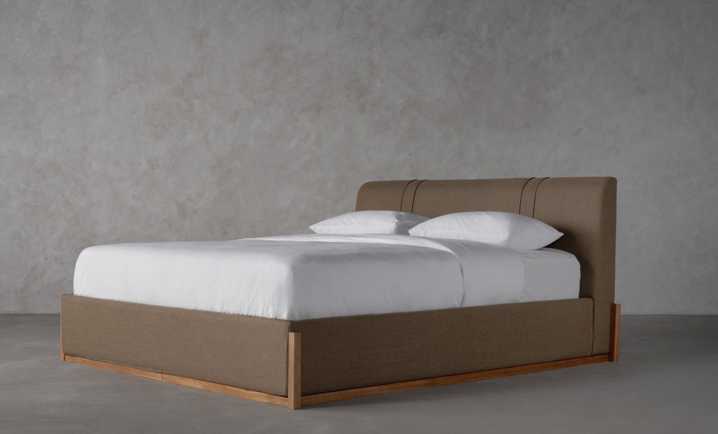 Lagom Wood Bed 200x200 cm (Fabric: SOFT ROCK 107 OLIVE (Cat. 3))