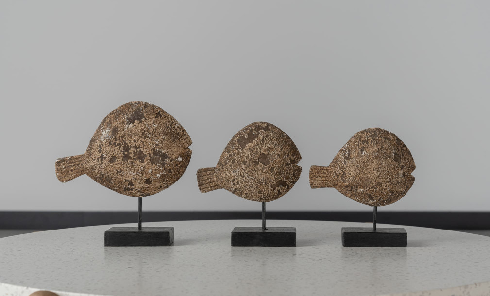 Set Of Two Decoration Wooden Fish On Stand