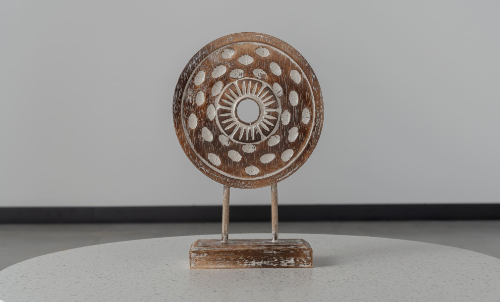 Decorationrative Wooden Disc On Stand With Flower And Dot Motif