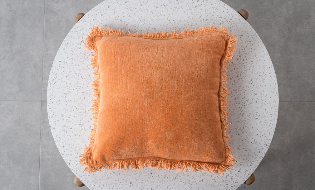 Fringe Cushion Cotton Velvet Orange
