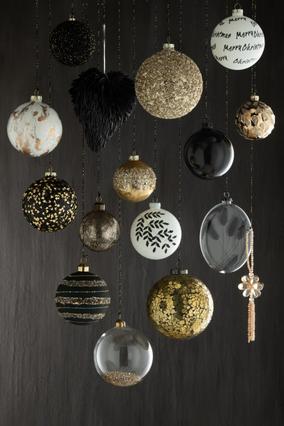 Box Of 4 Christmas Baubles Sequins Black/Gold M (11x11x13cm)