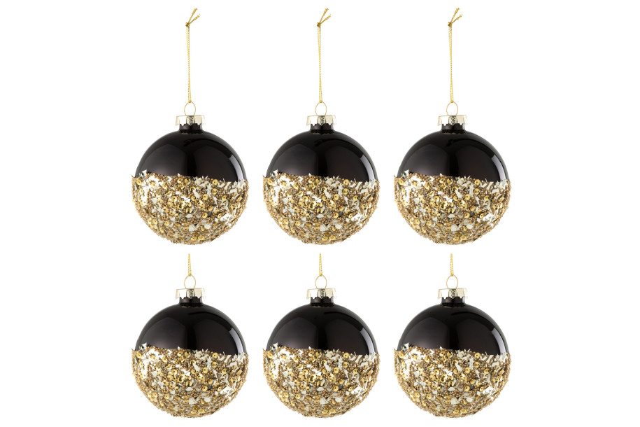 Box Of 6 Christmas Bauble Sequins Black/Gold (8x8x8cm)