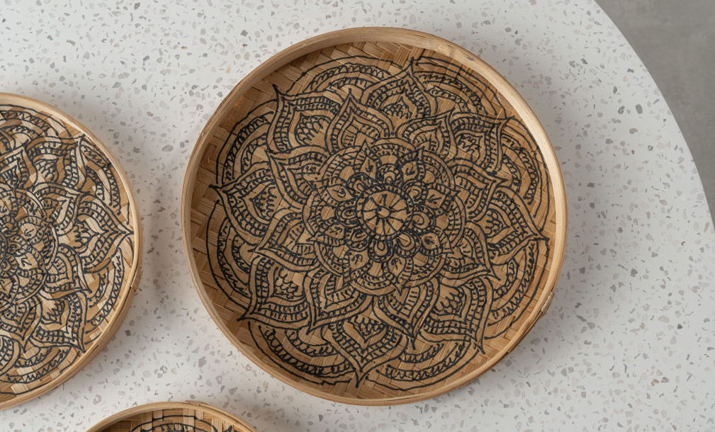 Set of 3 bamboo tray with painted black decoration