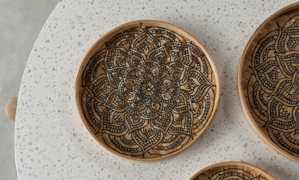 Set of 3 bamboo tray with painted black decoration
