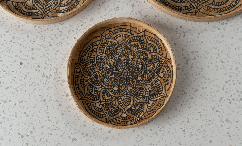 Set of 3 bamboo tray with painted black decoration