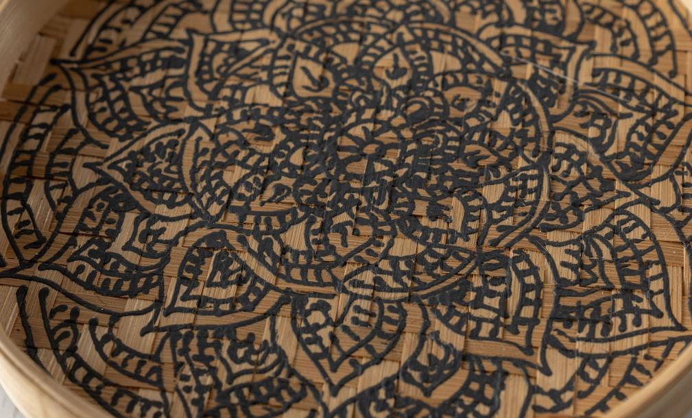 Set of 3 bamboo tray with painted black decoration