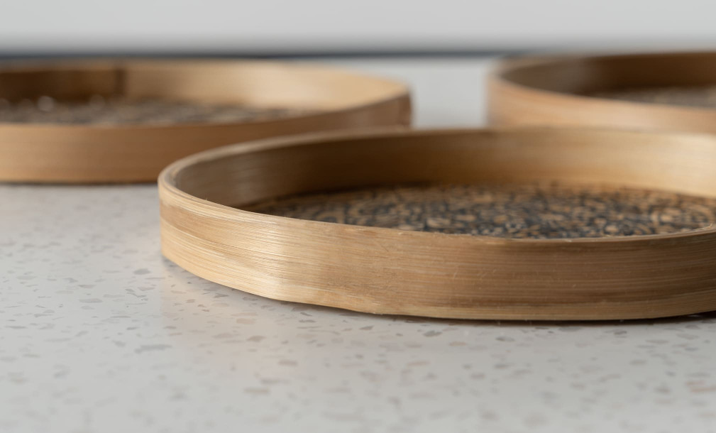 Set of 3 bamboo tray with painted black decoration