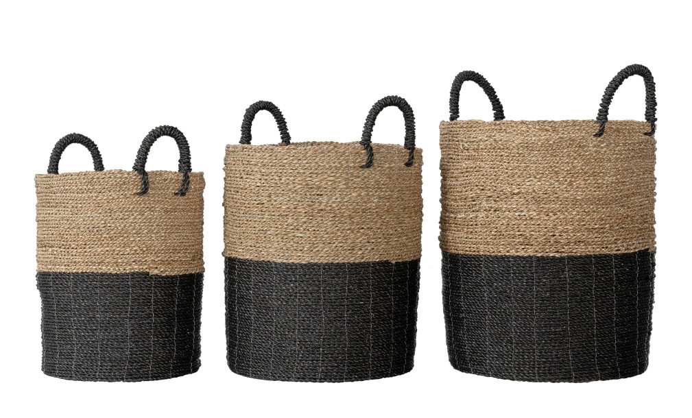 Seagrass Set Of Three Baskets With Handle Black