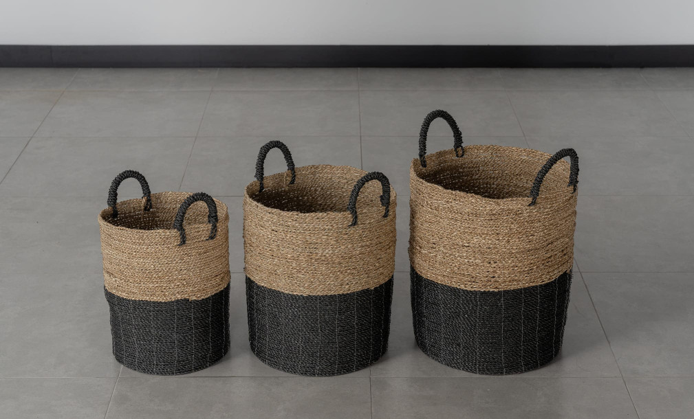 Seagrass Set Of Three Baskets With Handle Black