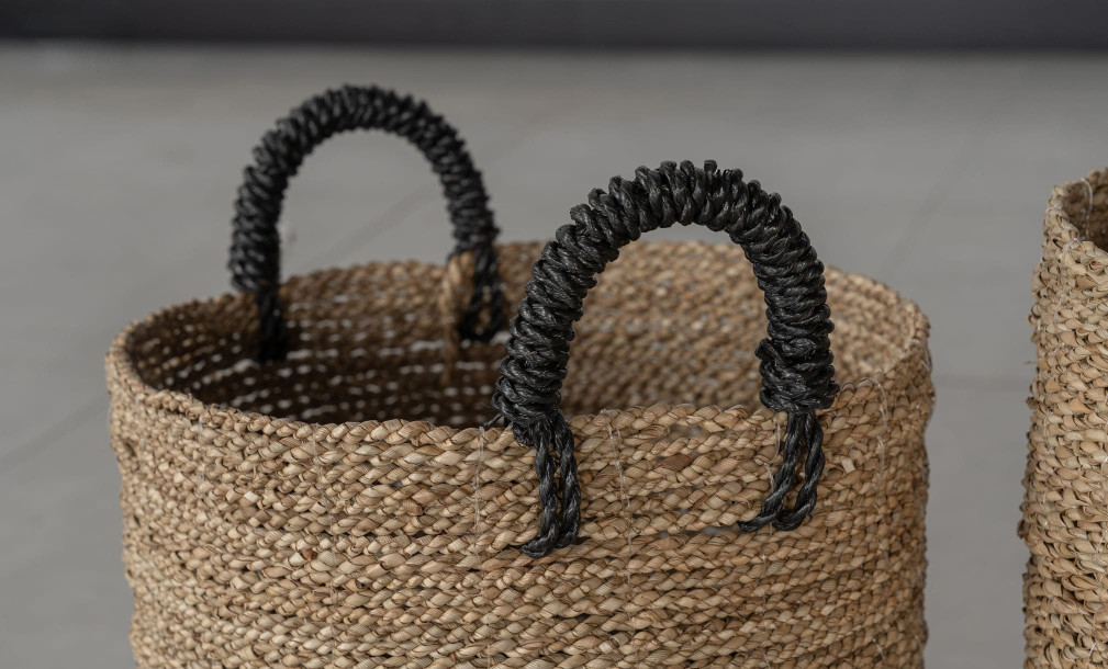 Seagrass Set Of Three Baskets With Handle Black