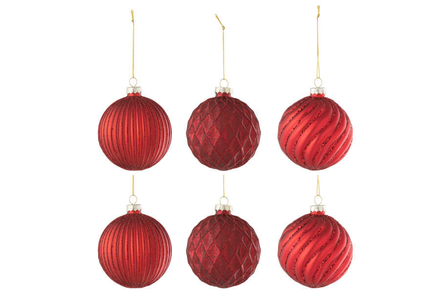 Box Of 6 Christmas Bauble 2+2+2 Ribbed/ Rhombus Glass Red Small