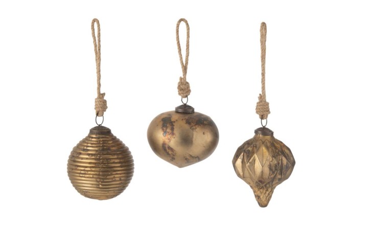 Christmas Bauble Oxidised Glass Antique Gold, Assortment Of 3