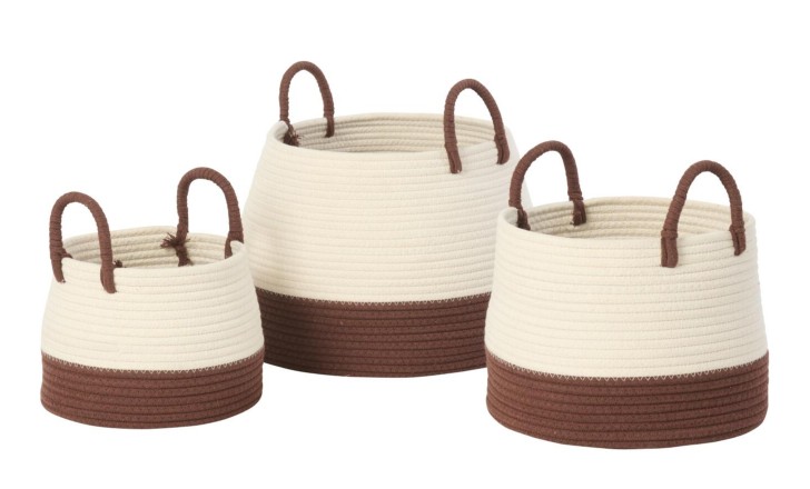Basket With Handle Round Dark Brown/White Set Of 3